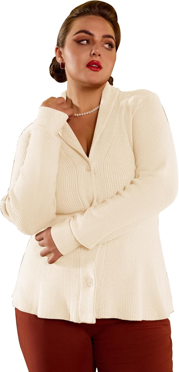 Belle Poque Damen Strickjacke Langarm Reverskragen Cardigan mit Rüschensaum Casual Strickmantel XL E