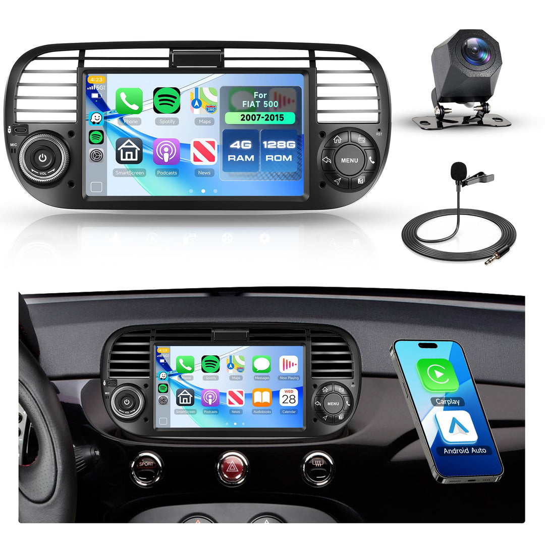 Rimoody 4G+128G Android Autoradio für FIAT 500 2007-2015, 7 Zoll IN-Cell HD Wireless Carplay Autorad