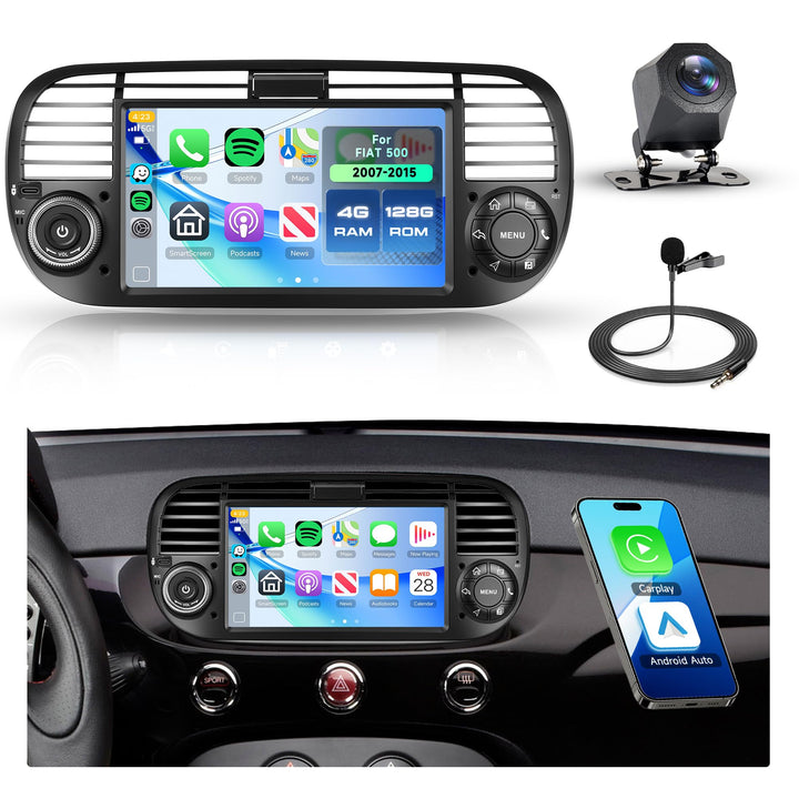 Rimoody 4G+128G Android Autoradio für FIAT 500 2007-2015, 7 Zoll IN-Cell HD Wireless Carplay Autorad