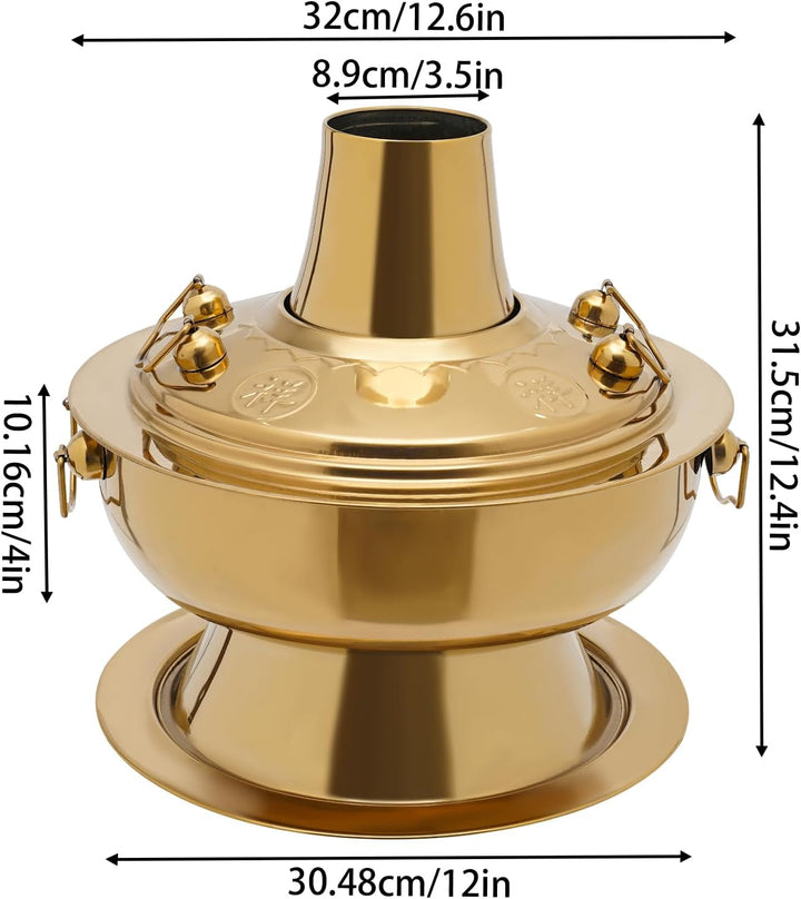 Hot Pot Topf, 2.3 Litre Campingherde Hot Pot aus Edelstahl, Messingfarbe Hotpot mit Schornstein, Chi