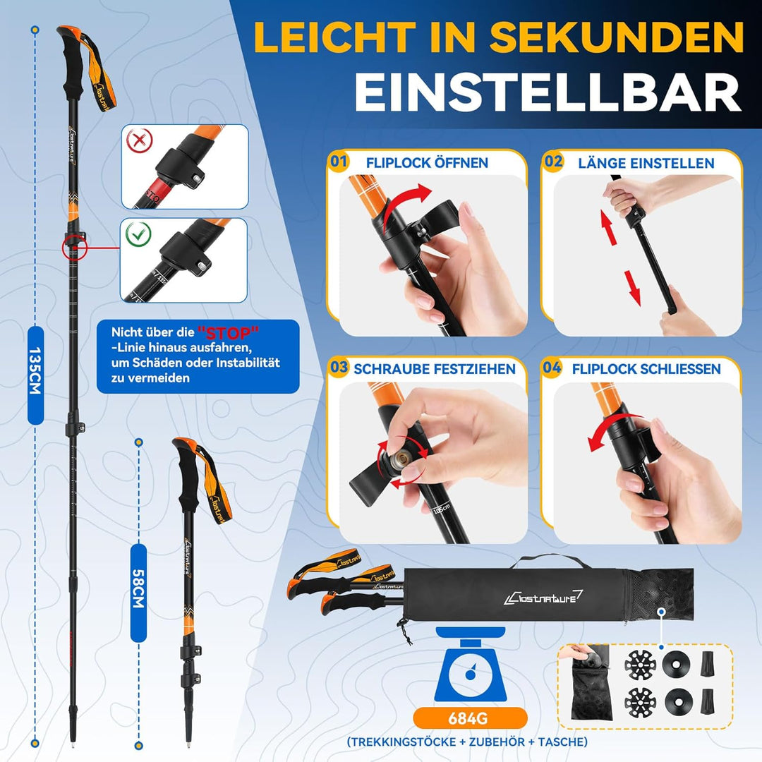 Clostnature Wanderstöcke Teleskop Aluminium - Nordic Walking Stöcke für Damen und Herren, 58-135cm L