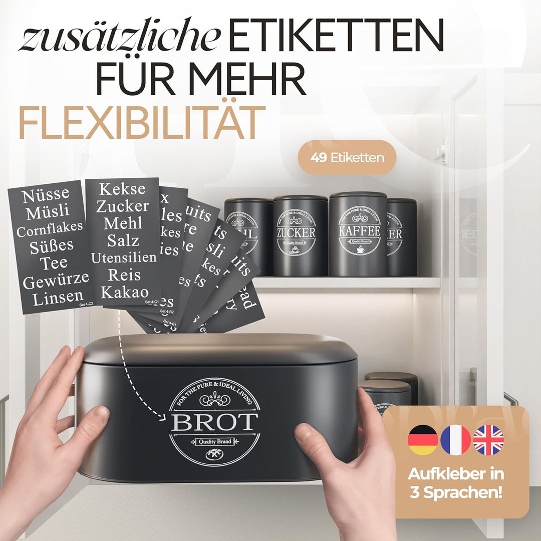 IDEALTASTIC® Premium Brotkasten 4er Set, Zuckerdose, Mehl Aufbewahrung & Kaffeedose luftdicht, Brotb