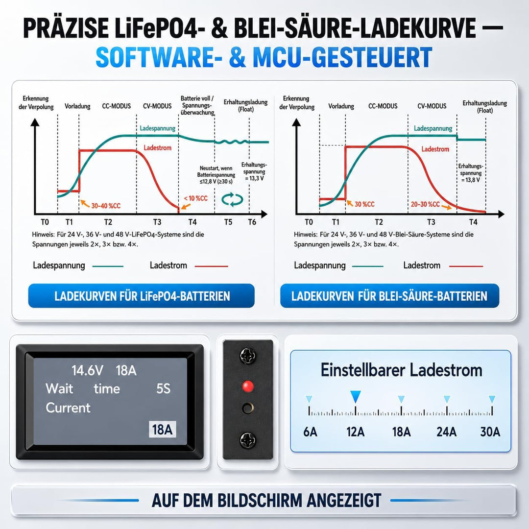 12V/24V LiFePO4 & AGM All in One Battery Charger Adjustable Current 6A-30A LiFePO4 14.6V 30A,29.2V 3