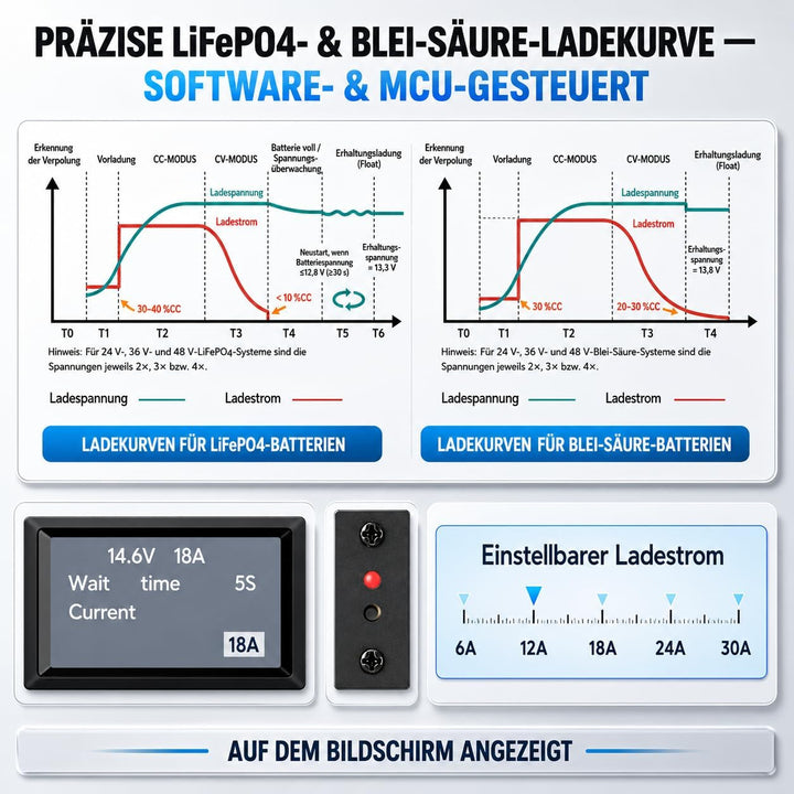 12V/24V LiFePO4 & AGM All in One Battery Charger Adjustable Current 6A-30A LiFePO4 14.6V 30A,29.2V 3