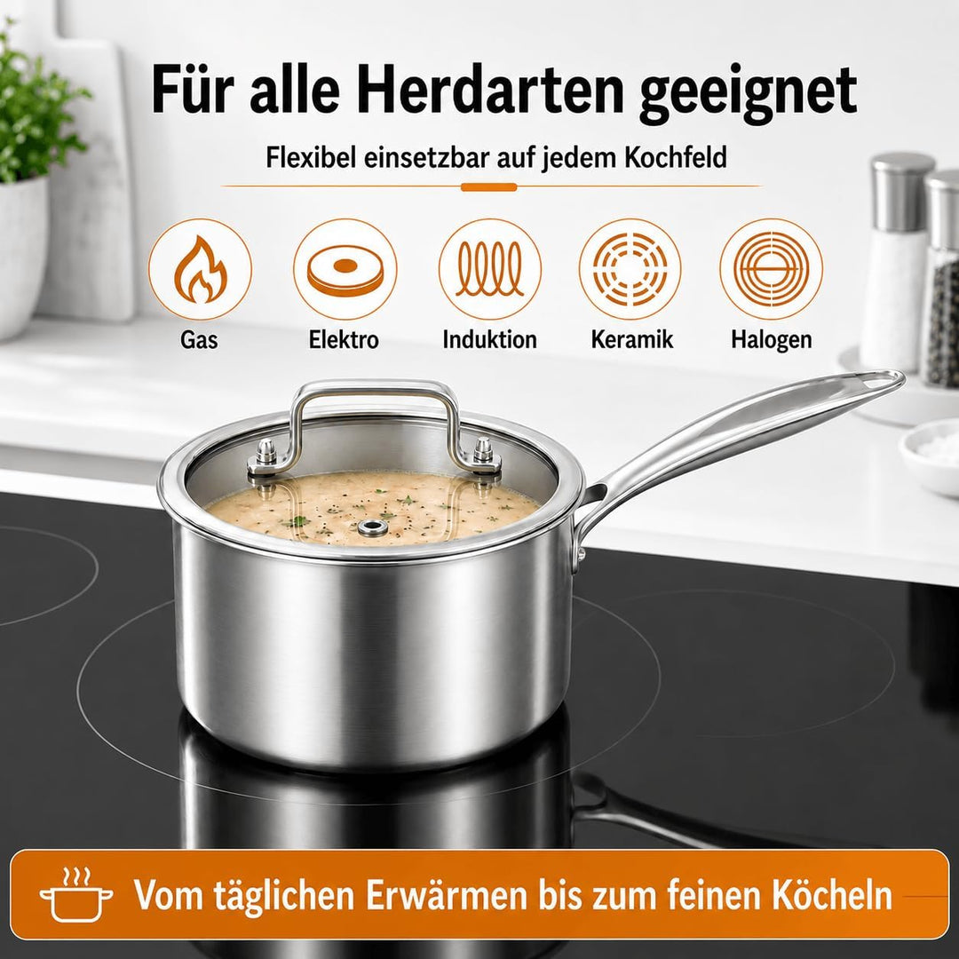 DELARLO Stielkasserolle 14 cm, 1 L Kochtopf mit Glasdeckel | Durchgehend 3-lagige Konstruktion, Glei