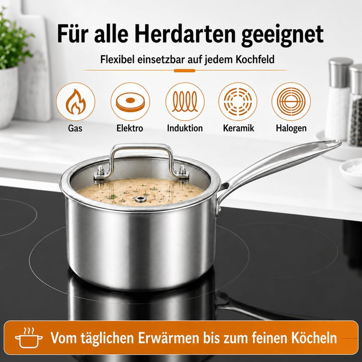 DELARLO Stielkasserolle 14 cm, 1 L Kochtopf mit Glasdeckel | Durchgehend 3-lagige Konstruktion, Glei
