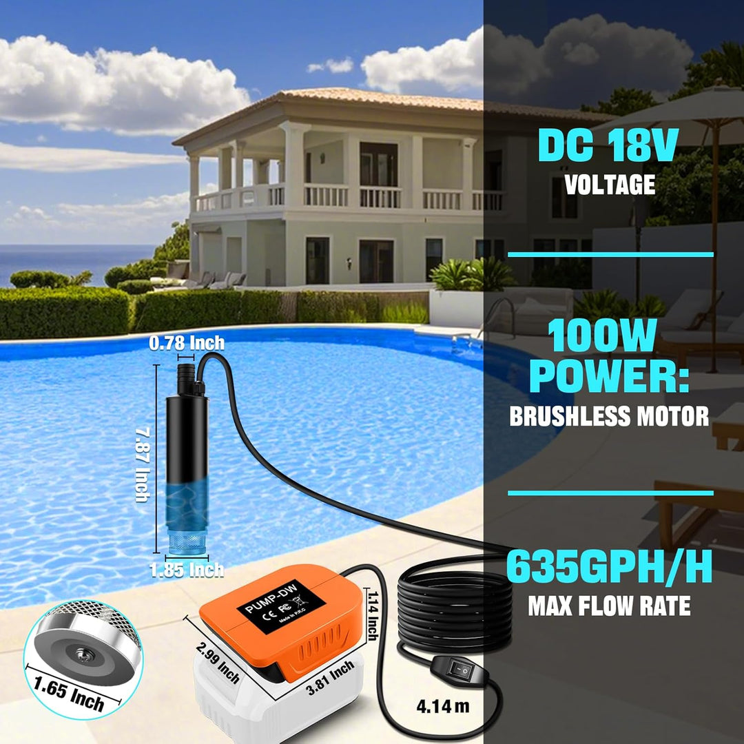 Tragbare Wasserpumpe Sumpfpumpe für DeWalt 18V 20V 60V Lithium Akku, 120W, 12V Regenfass Wassertrans