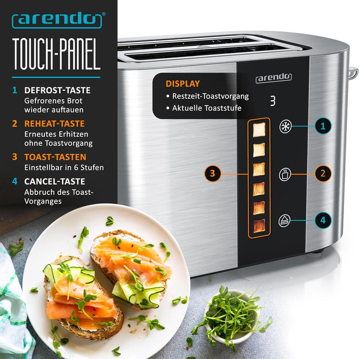 Arendo - Edelstahl Toaster 2 Scheiben - Touchscreen – Doppelwandgehäuse – 800 W – Integrierter Brötc