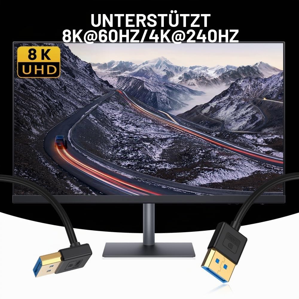 CY Cable Ultrafein nach oben abgewinkeltes DisplayPort 1.4 DP-zu-DP-Kabel 8K 60 Hz Kabel Ultra-HD UH