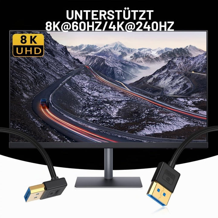 CY Cable Ultrafein nach oben abgewinkeltes DisplayPort 1.4 DP-zu-DP-Kabel 8K 60 Hz Kabel Ultra-HD UH