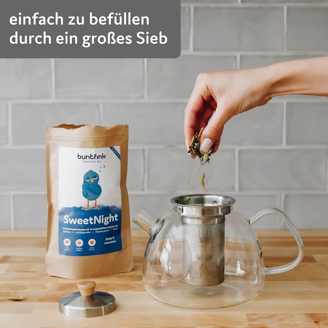 buntfink®„TeaPot“ Teekanne Glas mit Siebeinsatz für 1.300 ml I Glasteekanne mit Siebeinsatz aus Boro