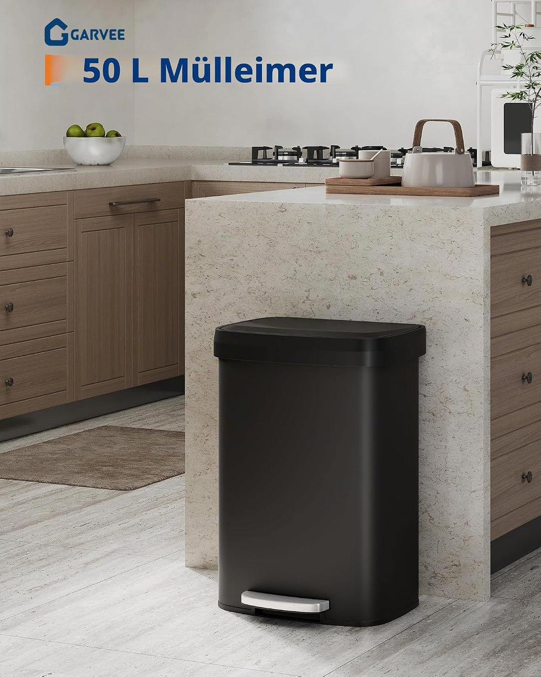 GarveeHome 50L Metall Mülleimer mit Deckel, grosser Tretmülleimer, Mülleimer Küche, rostfrei, mit Be