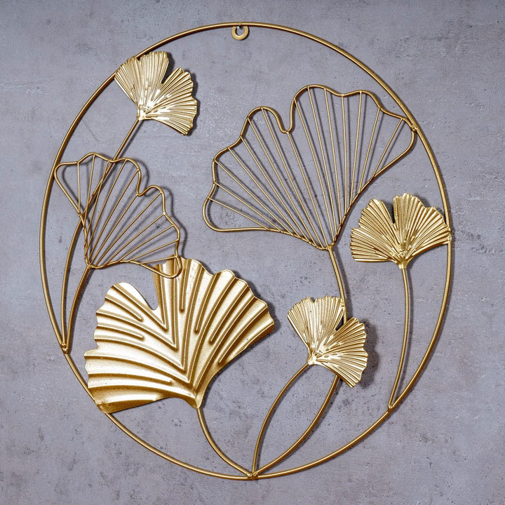 Wandbild Ø40cm Ginkgo Gold Metall Wanddeko Wandhänger Metallbild Dekoration Wandobjekt Deko Bild, Va