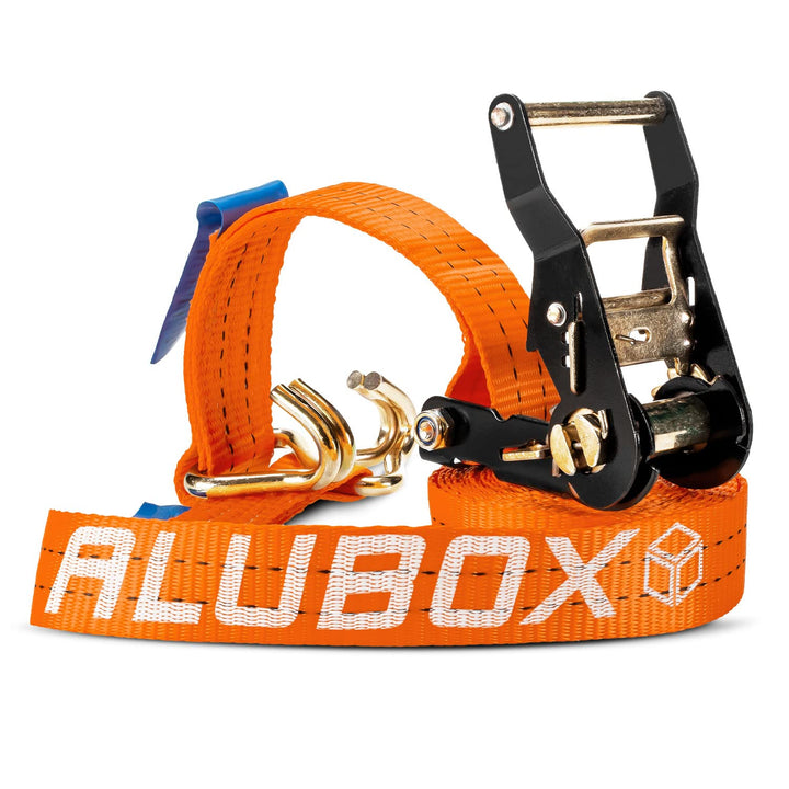 Alubox Spanngurt mit Ratsche und J-Haken 38mm breit orange Belastbarkeit 1000kg Ratschengurt TÜV G/S