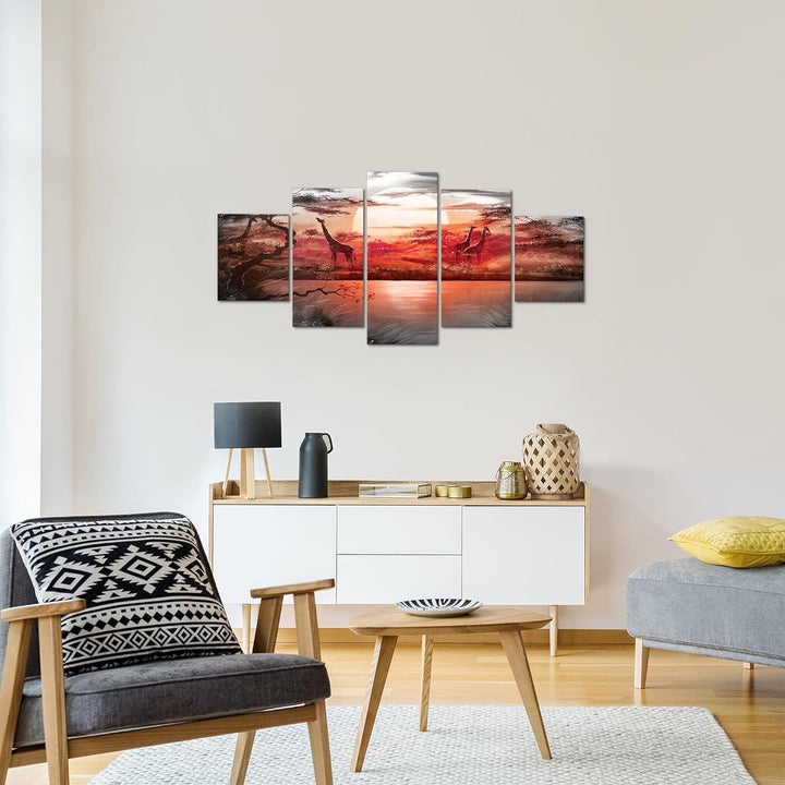 Runa Art Wandbilder Afrika Giraffe 5 Teilig Bild auf Vlies Leinwand Deko Wohnzimmer Schlafzimmer Lan
