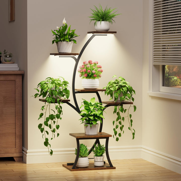 Pflanzenständer mit Wachstumslicht - 7 Ebenen Blumenständer 112cm Metall Holz Pflanzenregal - Innen