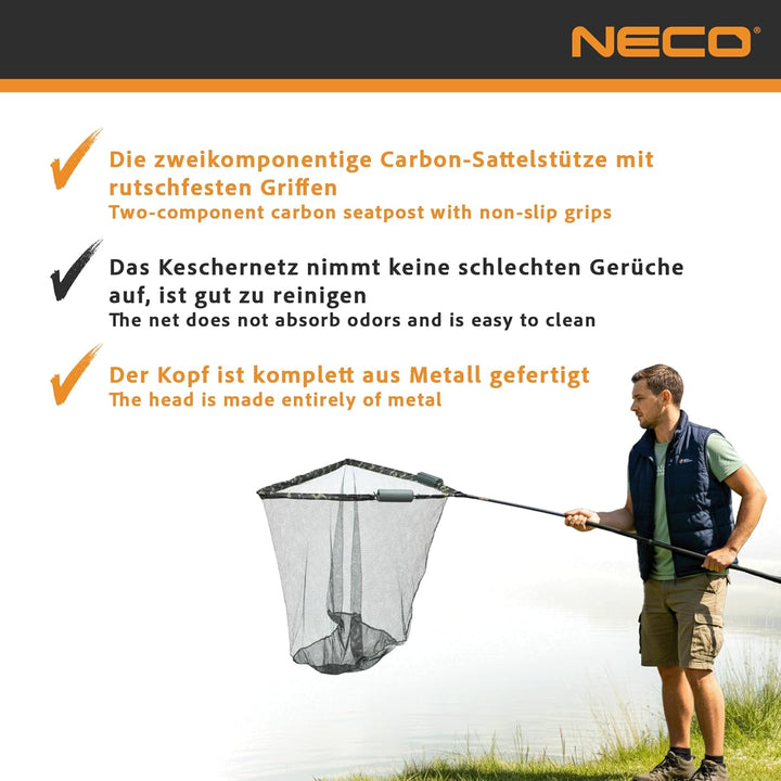 NECO Karpfenkescher 100×100 cm – Grosser Angelkescher 2,80 m Carbon, Faltbar – Tiefe 127 cm, Metallk