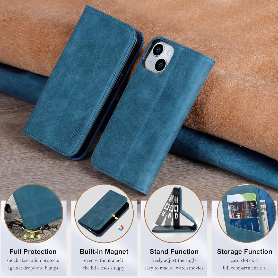 VISOUL iPhone 14 Plus Hülle, Stossfeste Handyhülle [Erstklassiges Rindsleder], TPU Schutzhülle [Kart