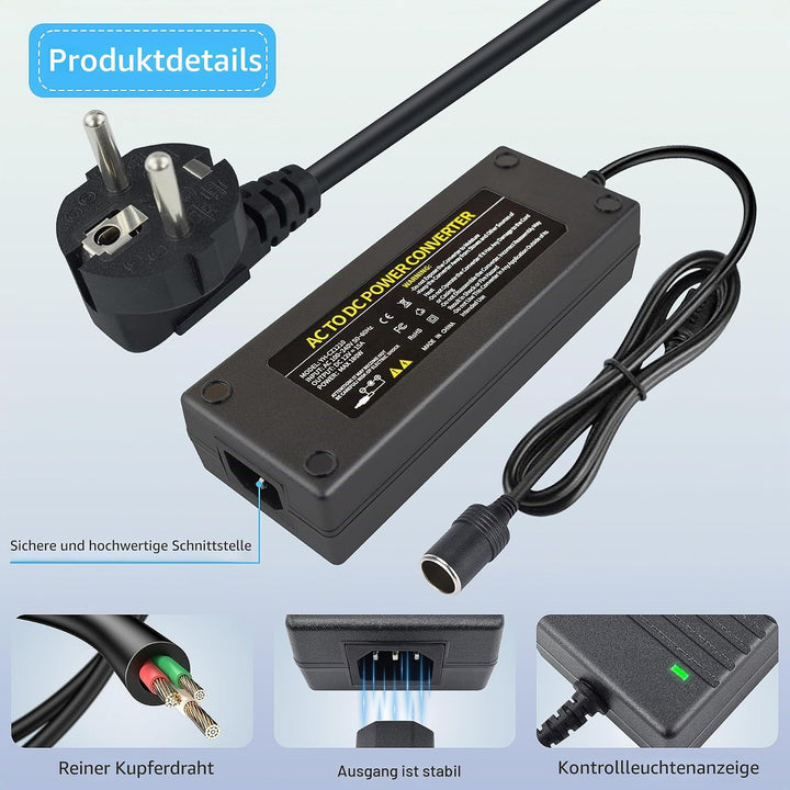 KFZ Netzadapter 12V 15A, Spannungswandler AC 230V auf DC 12V 15A 180W mit Europäischem Standardsteck