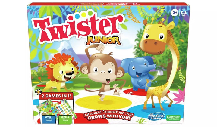 Twister Junior Spiel, Tierabenteuer 2-seitige Matte, 2 Spiele in 1, Partyspiel, Indoor-Spiel für 2-4