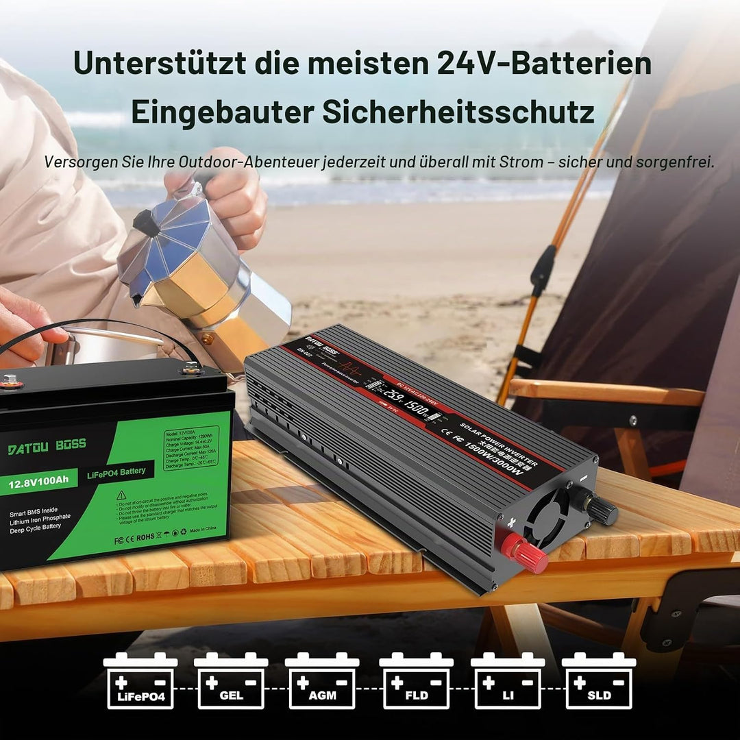 DATOUBOSS Wechselrichter 24v auf 230v Reiner Sinus 1500W/3000W Spannungswandler mit LCD-Display,USB
