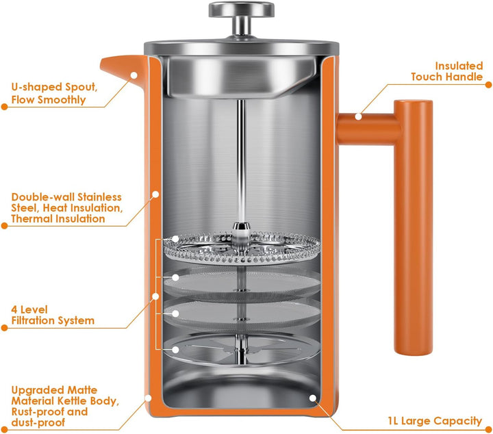 Enfmay French Press, Edelstahl Kaffeebereiter French Press 1L mit 4-Lagigem Filtersystem, Doppelwand