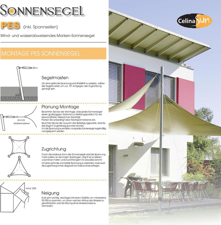 CelinaSun Sonnensegel inkl Befestigungsseile Premium PES Polyester wasserabweisend imprägniert Quadr