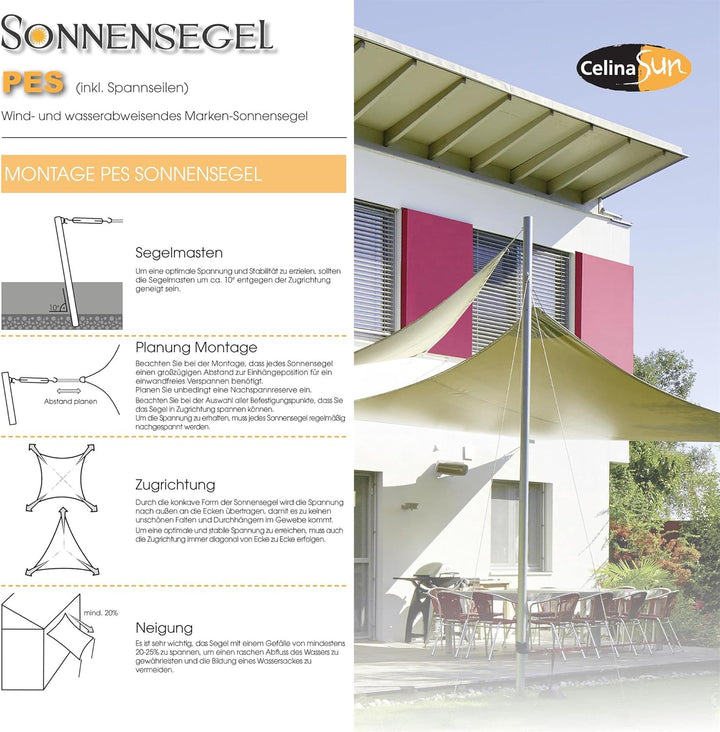 CelinaSun Sonnensegel inkl Befestigungsseile Premium PES wasserabweisend imprägniert Quadrat 3,6 x 3