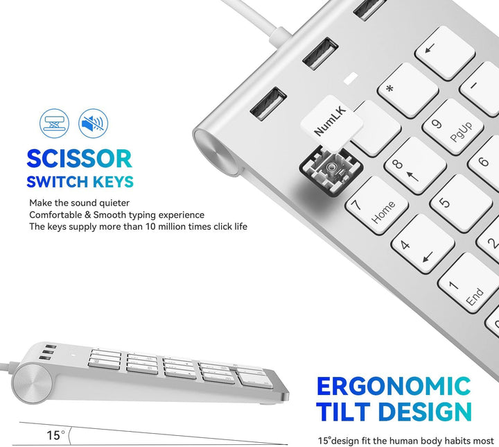 Rytaki Pro USB-C & USB-A Numpad Wired – Nummernblock mit 3 USB 2.0 Hub, 18-Tasten Ziffernblock für L