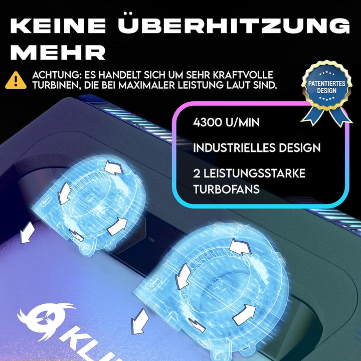 KLIM Mistral Laptop Kühler | Leistungsstarker Turbo-Ventilator (4500 U/min) | Gummiringdichtung für