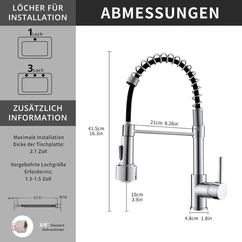 TIMACO LED Küchenarmatur Chrom Wasserhahn Küche mit Spiralfeder, 360°Schwenkbare Spültischarmaturen