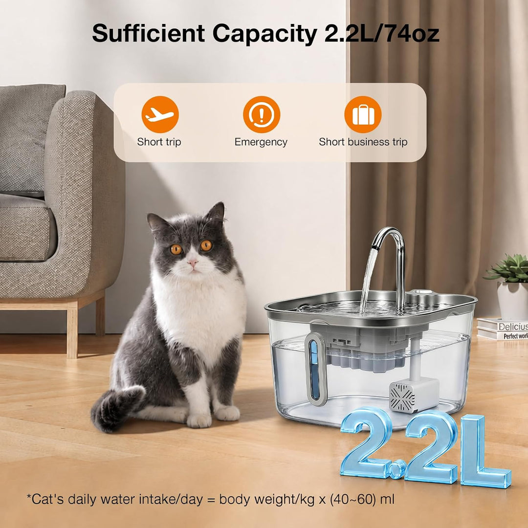 Katzenbrunnen Edelstahl, 2.2L Trinkbrunnen für Katze mit Sichtfenster Leise Pumpe, Vierfaches Filter