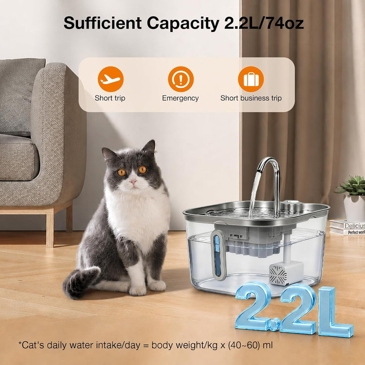 Katzenbrunnen Edelstahl, 2.2L Trinkbrunnen für Katze mit Sichtfenster Leise Pumpe, Vierfaches Filter