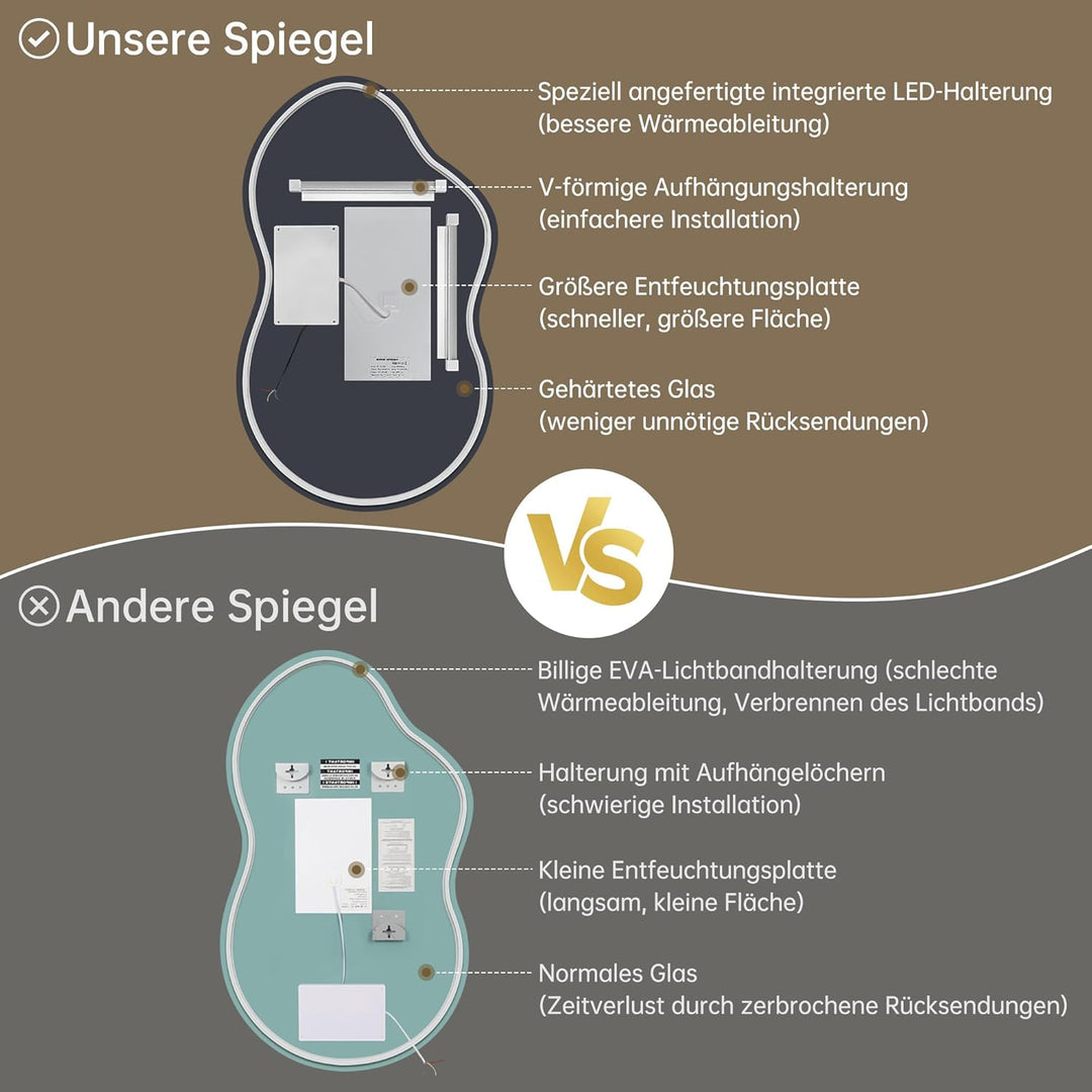 Spiegel mit Beleuchtung Asymmetrischer LED Badspiegel 100 x 60 cm mit Touch-Schalter, Dimmbar 3 Lich