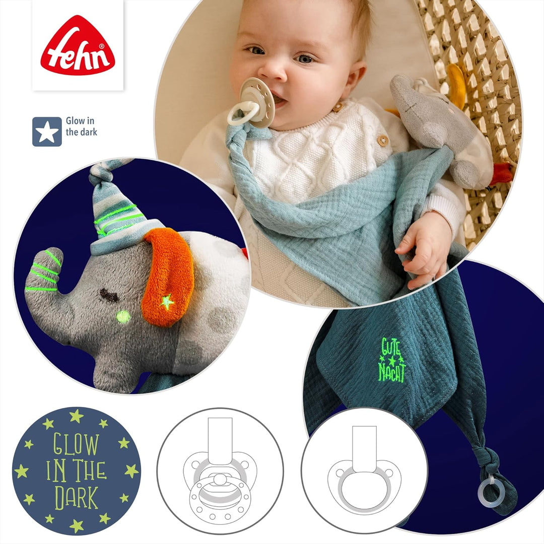 Fehn Schmusetuch Baby Spielzeug Elefant - Schnuffeltuch für Neugeborene - Einschlafhilfe mit „Glow-i