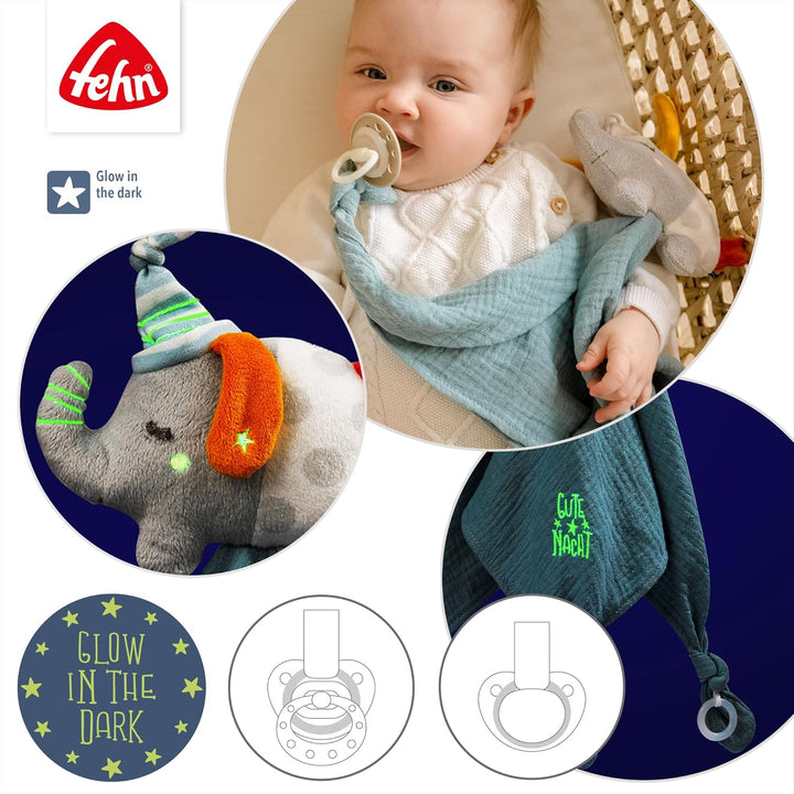 Fehn Schmusetuch Baby Spielzeug Elefant - Schnuffeltuch für Neugeborene - Einschlafhilfe mit „Glow-i