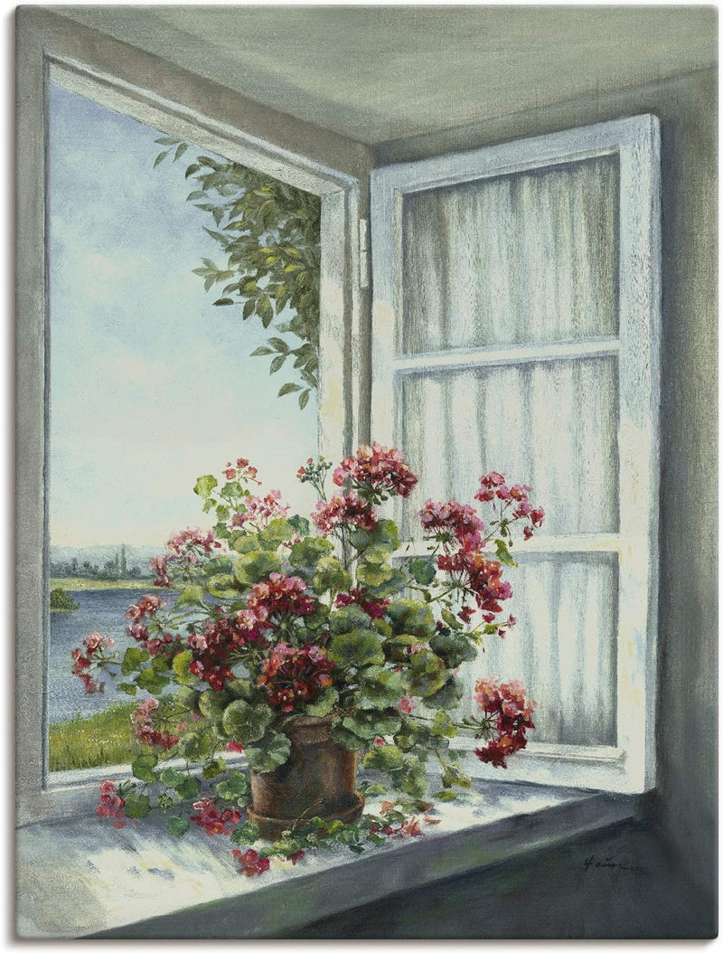 Artland Leinwandbild Wandbild Bild auf Leinwand 60x80 cm Wanddeko Fensterblick Fenster Blumen Botani