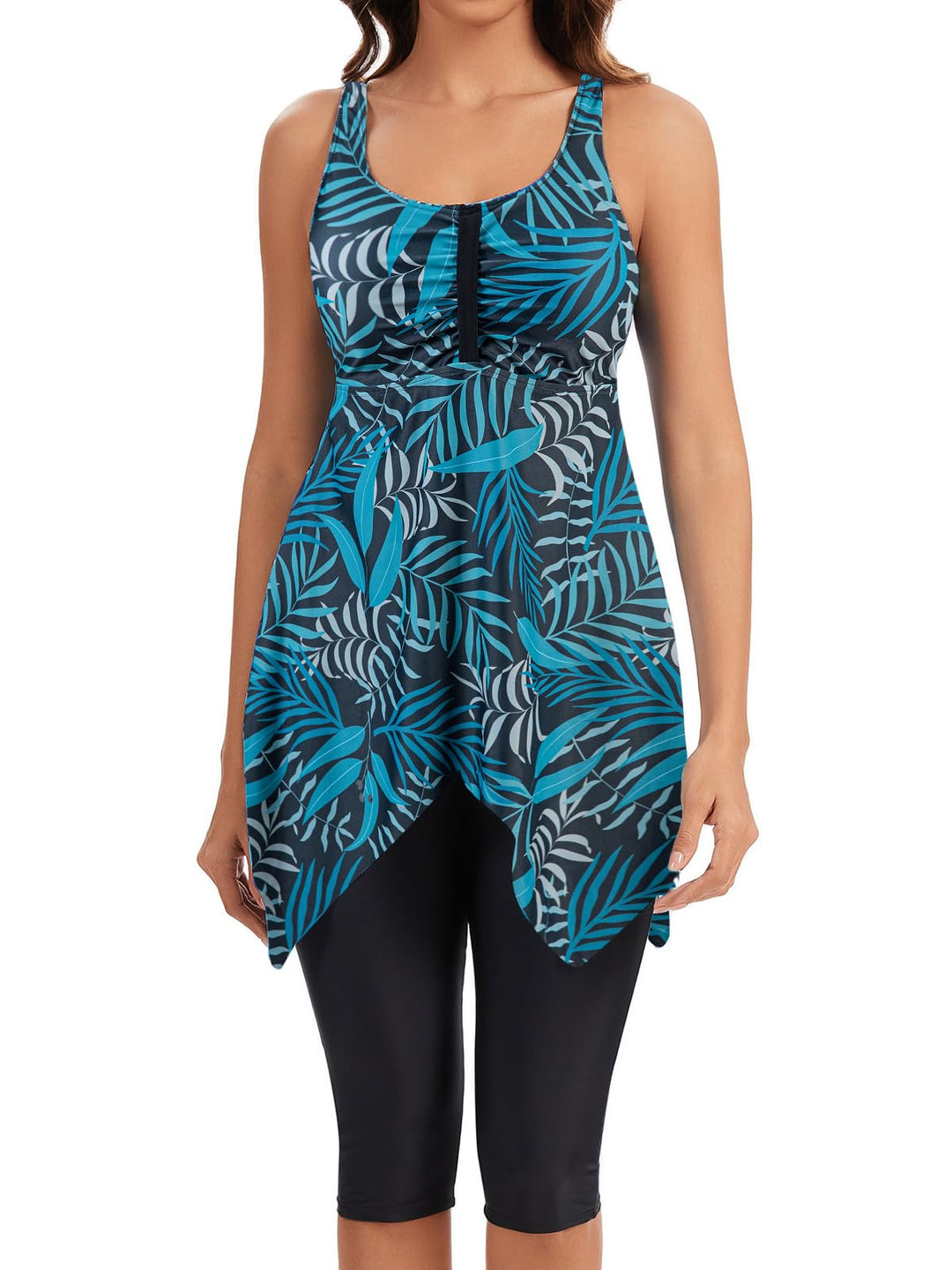 Ecupper Damen Tankini Set Badekleid Blumen Muster Badeanzug mit Shorts Swimsuit Übergrösse S Tiefsee