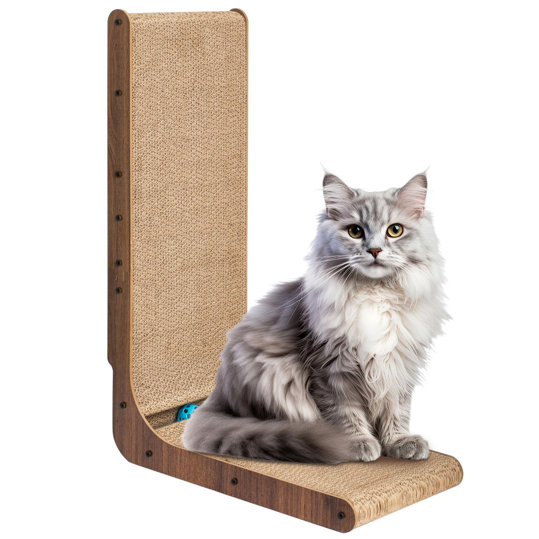 FluffyDream Katzenkratzer mit Katzenspielzeug Kugelbahn, eingebauter Ball, L-förmiger Kratzer, Karto