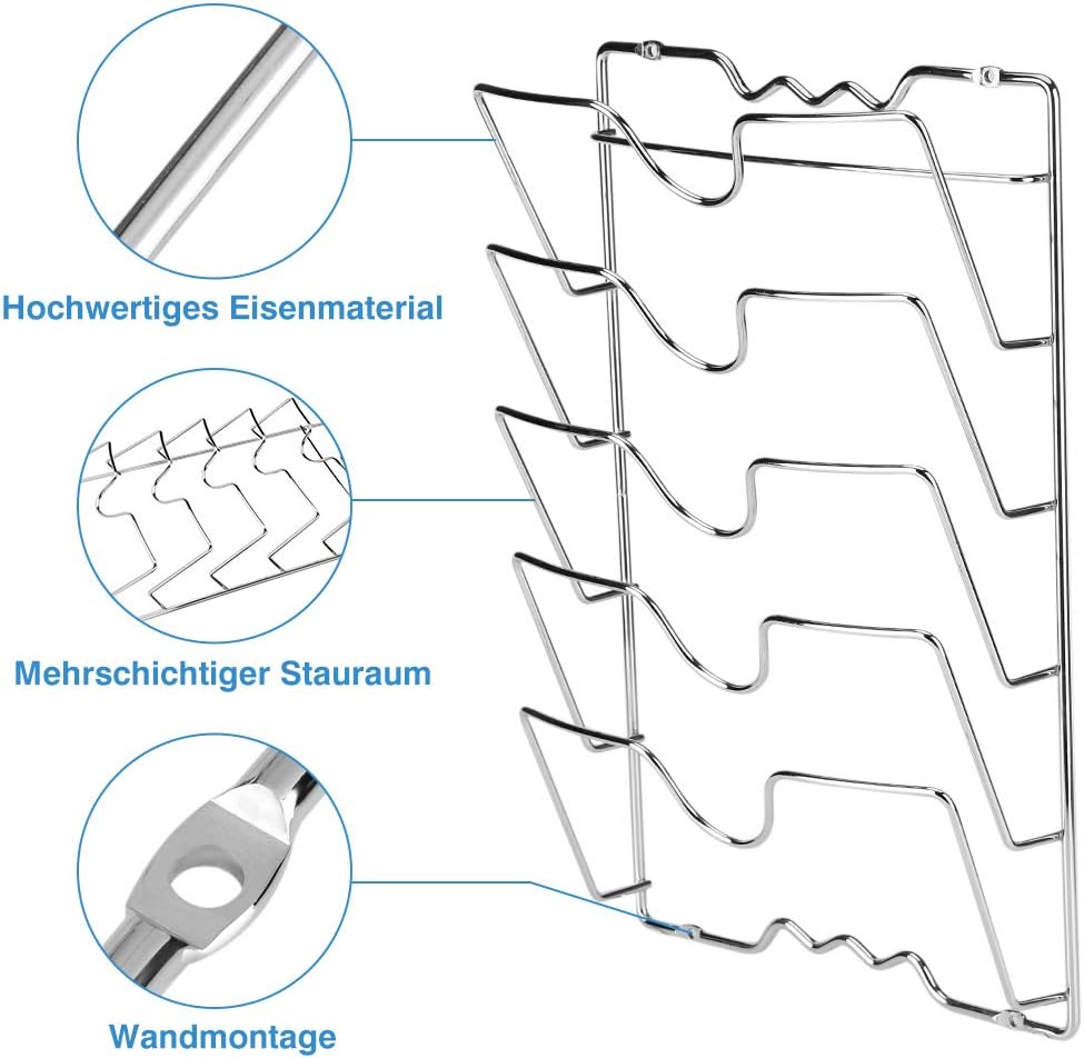Ejoyous Topfdeckelhalter, 5 Töpfe/Pfannendeckel Wand-/Türmontage Topf- und Deckelhalter Küchenschran
