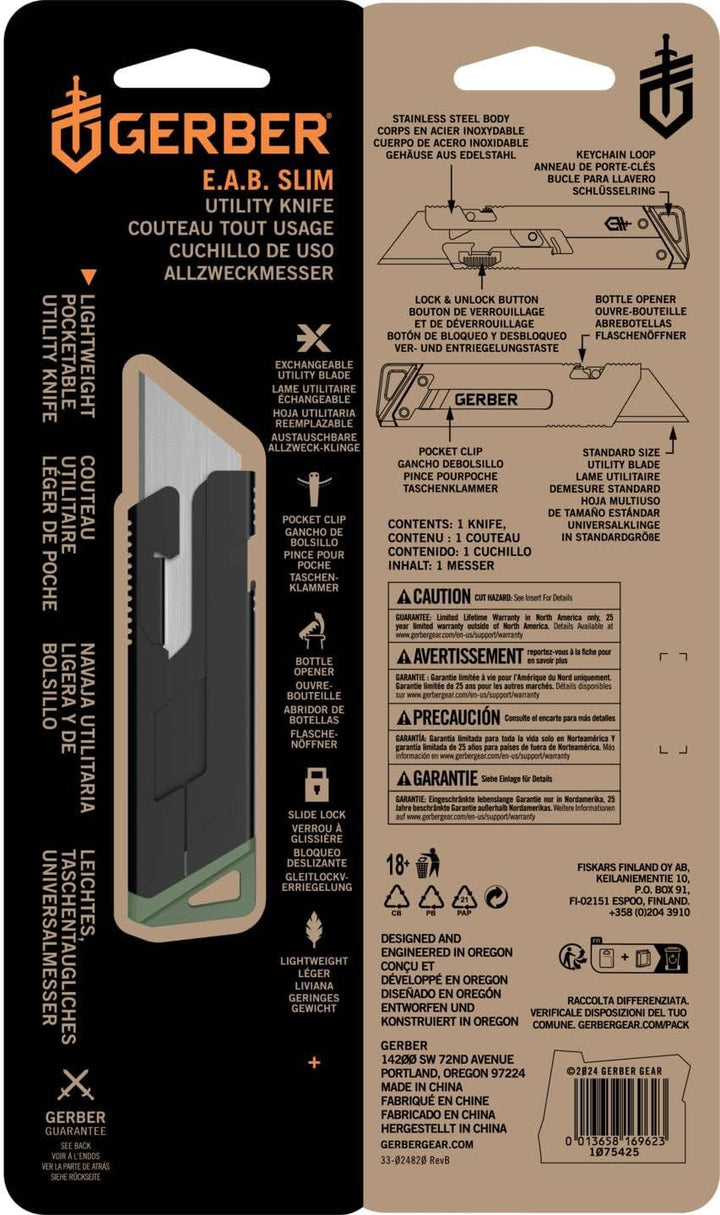 Gerber Cuttermesser mit Taschenclip, E.A.B. Slim, Wechselbare Standard-Trapezklinge, Slide Lock-Verr
