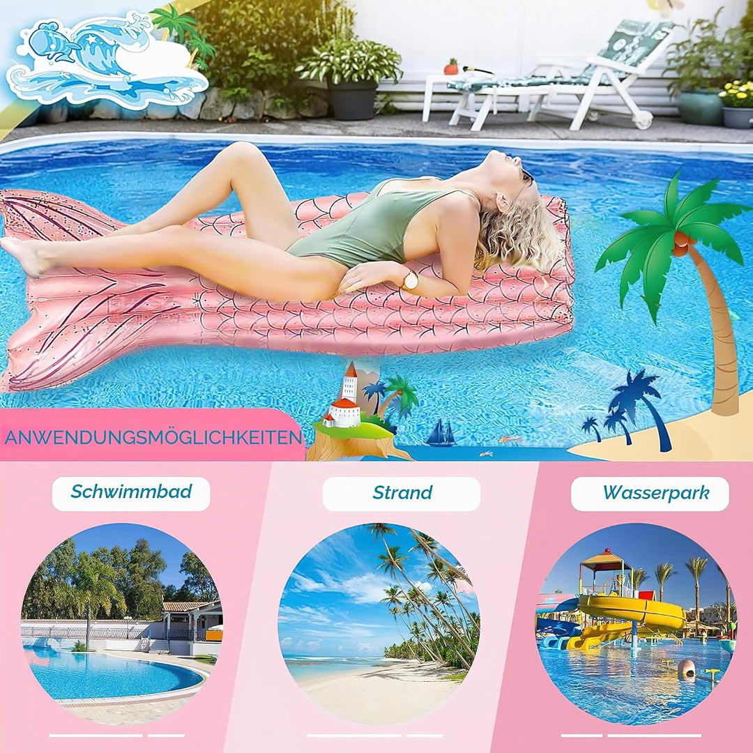 Aufblasbares Schwimmbett Wasserhängematte, Meerjungfrau Luftmatratzen Pool Erwachsene und Kinder, PV