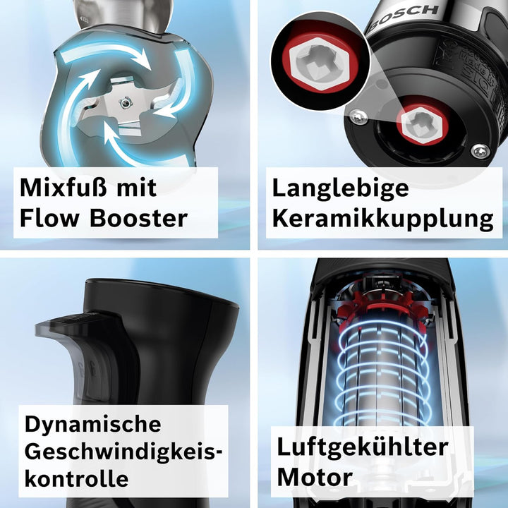 Bosch Stabmixer ErgoMaster Serie 6, einhändig bedienbar, 4 Edelstahl-Klingen, Zerkleinerer, Schneebe
