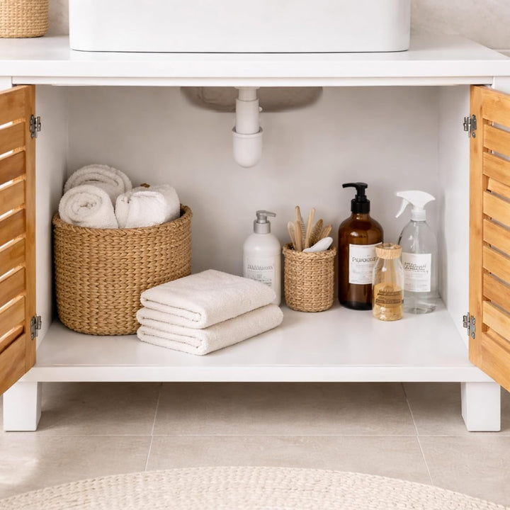 osoltus Bad Waschbecken Unterschrank Kopenhagen Bambus Holz Weiss - Unterschrank für Badezimmer - 60