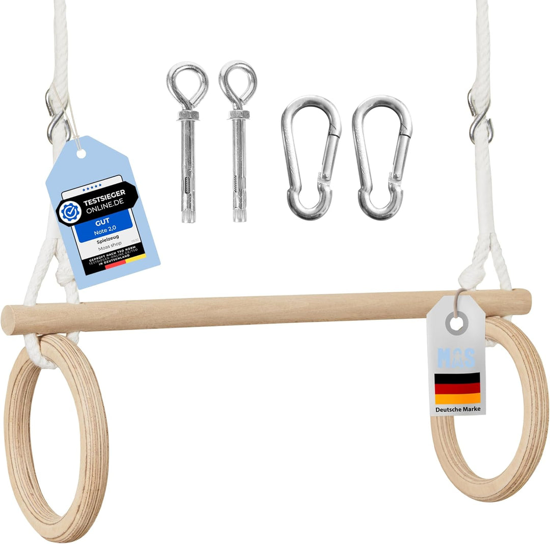 MOAS SHOP® Trapez Schaukel - Turnringe Kinder, Buchenholz, Verstellbare Seillänge, 50 kg Kapazität -