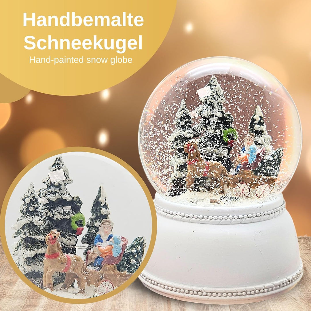 Weihnachts-Schneekugel mit Musik | Schneekugel Kutschfahrt mit Familie | Sockel Nostalgie weiss | 10