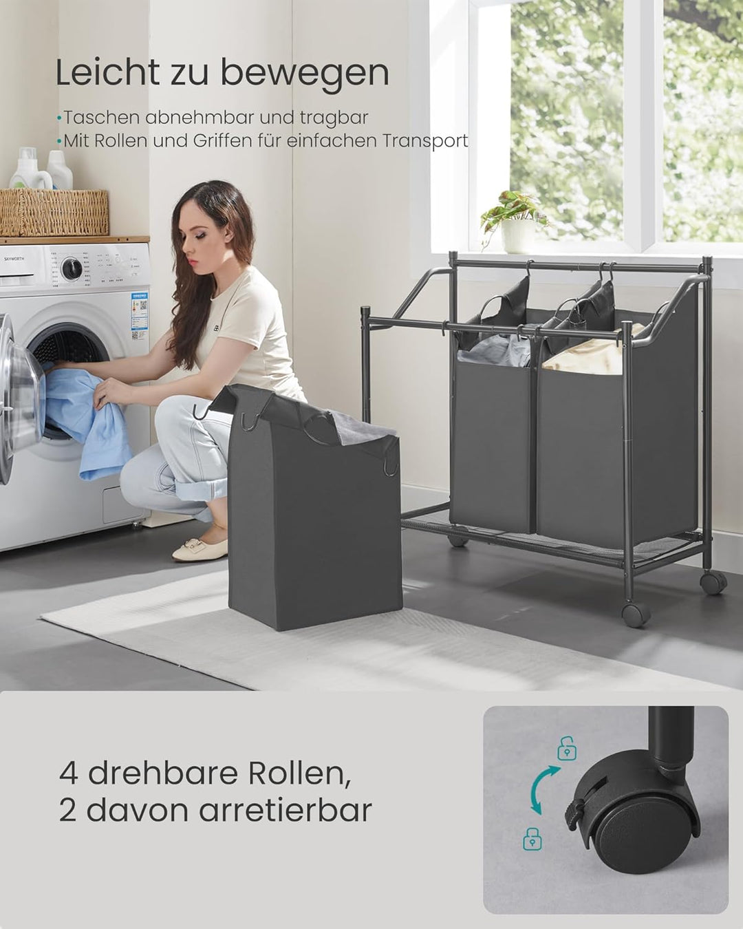 SONGMICS Wäschekorb mit Rollen, Wäschesammler mit 3 abnehmbaren Wäschesäcken, Wäschewagen, für Wasch