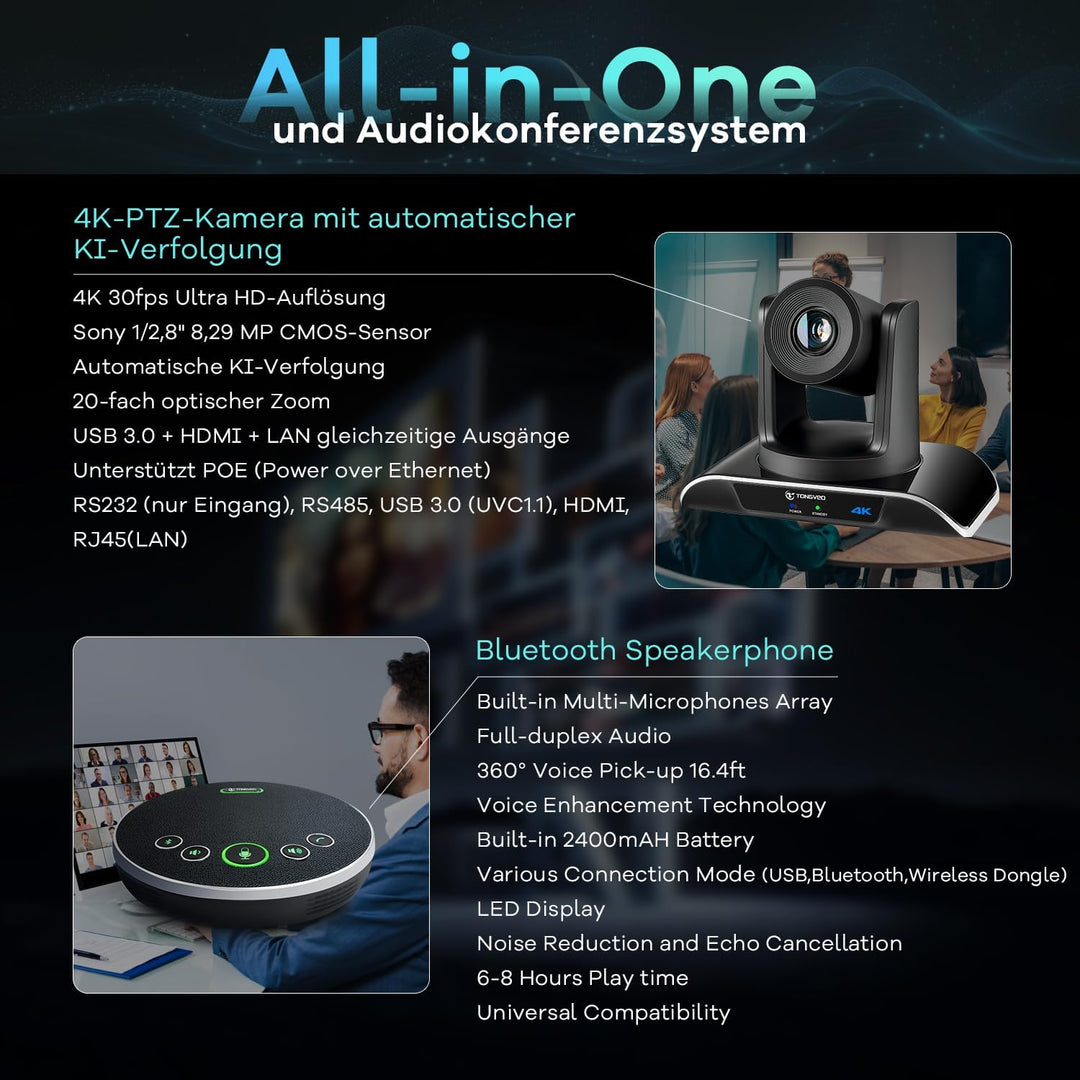 TONGVEO 4K PTZ-Konferenzraum-Kamerasystem, KI-Auto-Tracking 20-facher Zoom 4K PTZ-Kamera USB 3.0 HDM