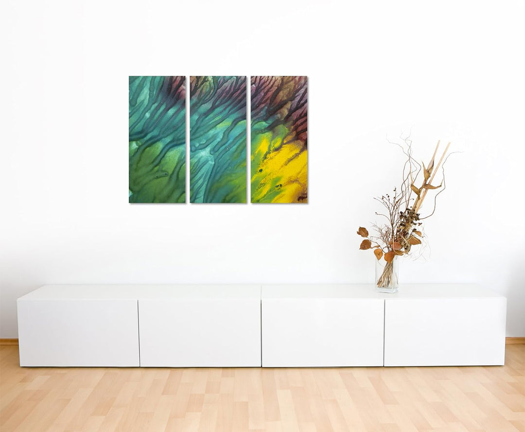 Wandbild 3x90x40cm (Gesamt 130x90cm) Leuchtendes Aquarell mit Struktur auf Leinwand für Wohnzimmer,