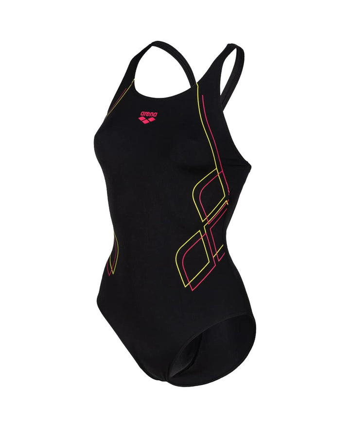 ARENA Damen Women's Swimsuit V Back Graphic Badeanzüge (1er Pack) 34 Black-freak Rose, 34 Black-frea